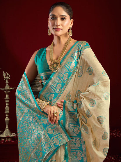 Monjolika Fashion Cream Soft Banarasi Silk Blend Zari Woven Saree With Blouse Piece