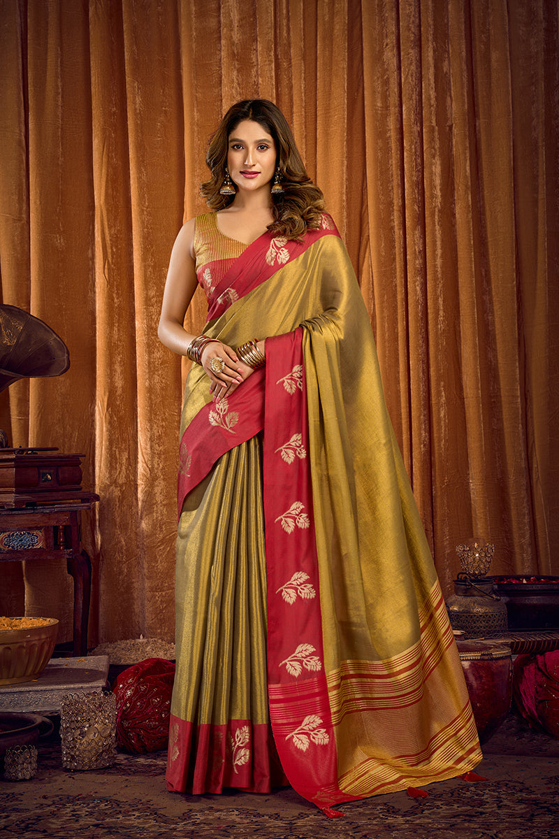 Monjolika Fashion Golden Olive Green Soft Tissue Silk Blend Saree with Red Woven Border