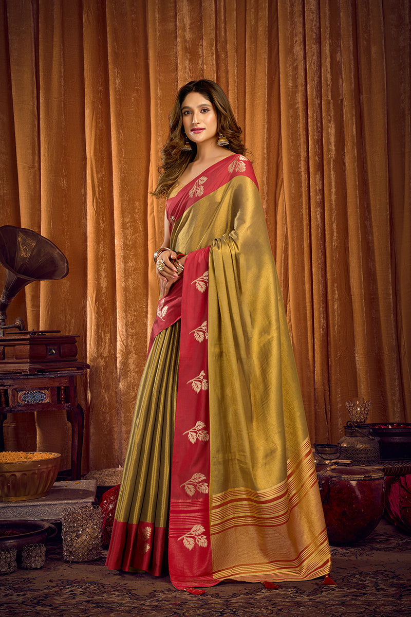 Monjolika Fashion Golden Olive Green Soft Tissue Silk Blend Saree with Red Woven Border