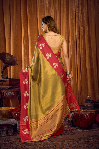 Monjolika Fashion Golden Olive Green Soft Tissue Silk Blend Saree with Red Woven Border