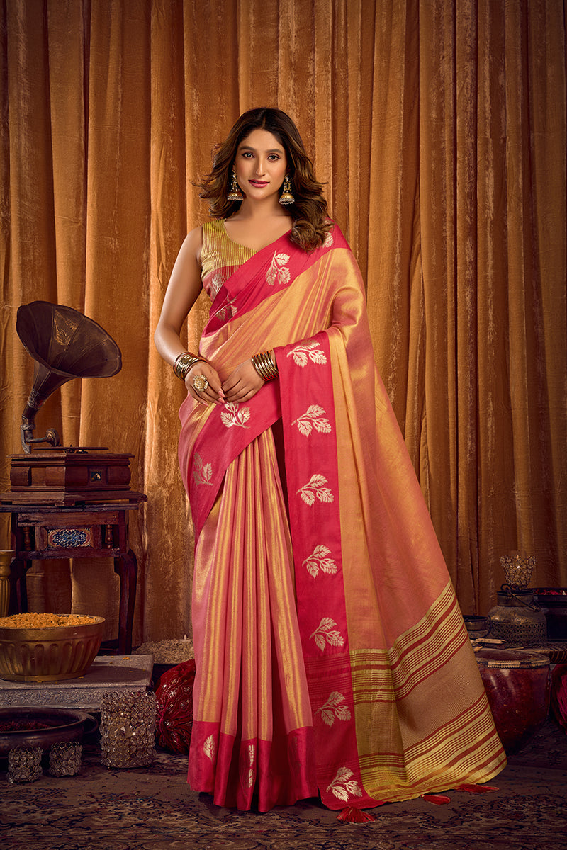 Monjolika Fashion Peach Gold Soft Tissue Silk Blend Saree with Magenta Woven Border