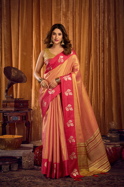 Monjolika Fashion Peach Gold Soft Tissue Silk Blend Saree with Magenta Woven Border