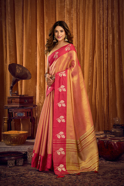 Monjolika Fashion Peach Gold Soft Tissue Silk Blend Saree with Magenta Woven Border