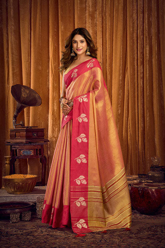 Monjolika Fashion Peach Gold Soft Tissue Silk Blend Saree with Magenta Woven Border
