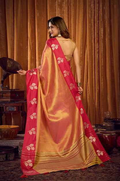 Monjolika Fashion Peach Gold Soft Tissue Silk Blend Saree with Magenta Woven Border
