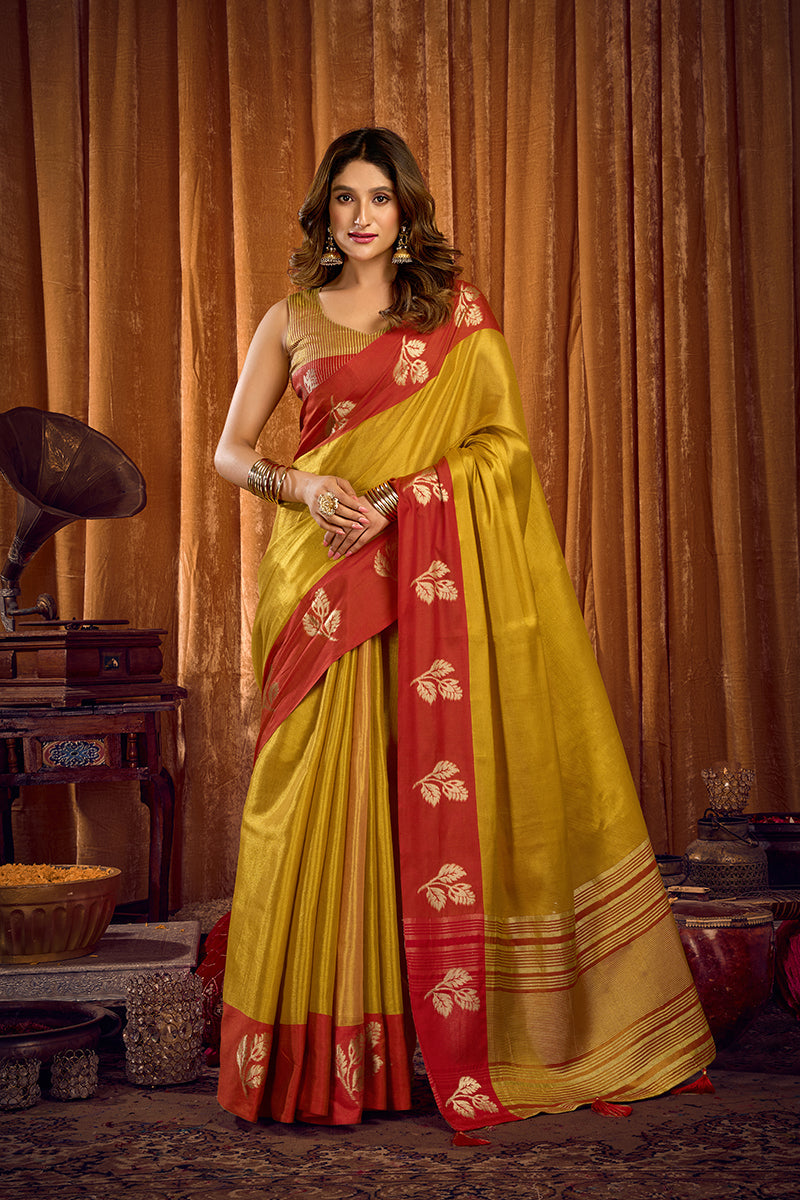 Monjolika Fashion Mustard Yellow Soft Tissue Silk Blend Saree with Red Woven Border