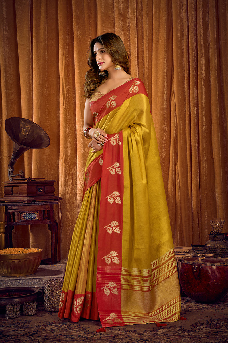 Monjolika Fashion Mustard Yellow Soft Tissue Silk Blend Saree with Red Woven Border