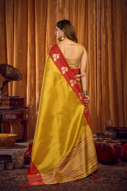 Monjolika Fashion Mustard Yellow Soft Tissue Silk Blend Saree with Red Woven Border