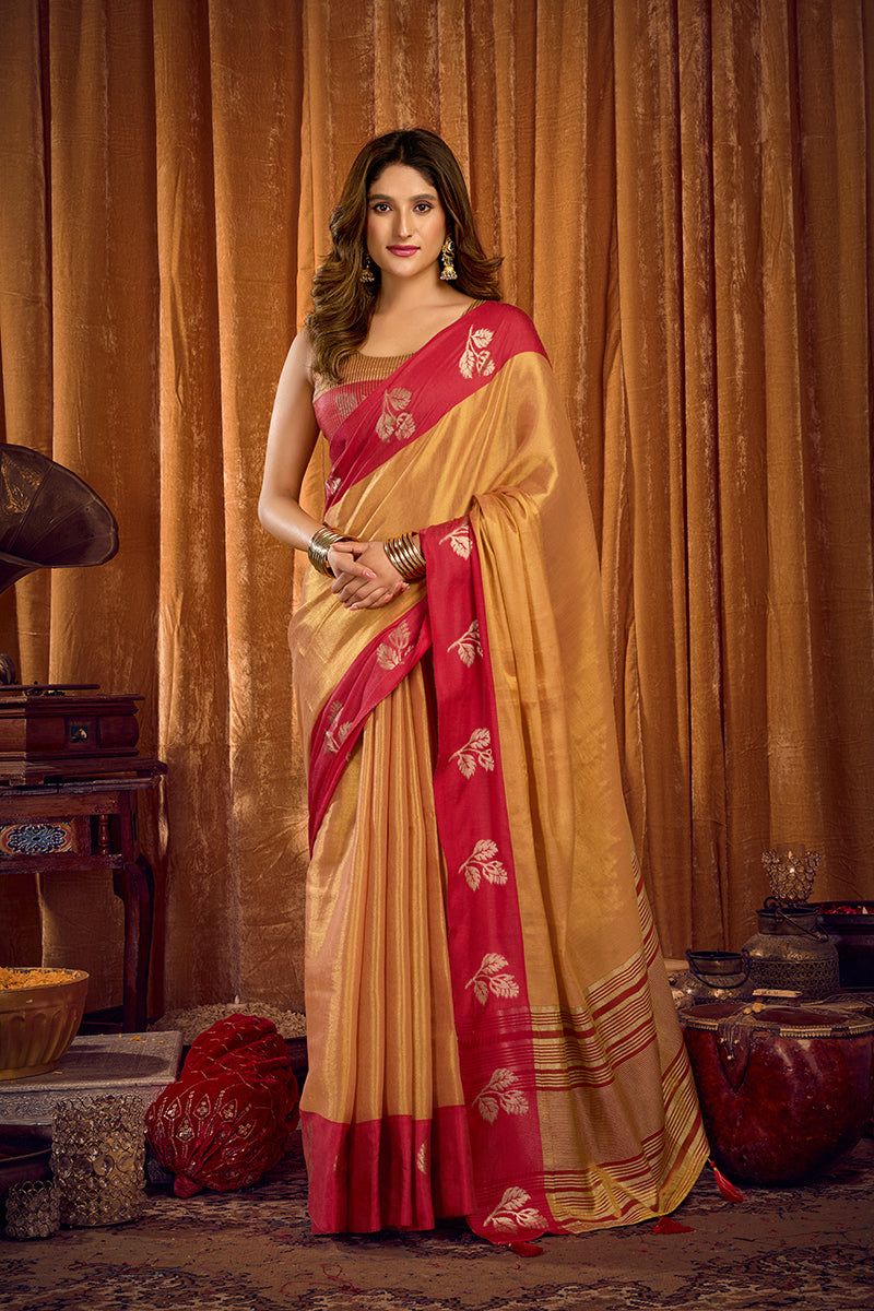 Monjolika Fashion Beige Gold Soft Tissue Silk Blend Saree with Rani Pink Zari Woven Border