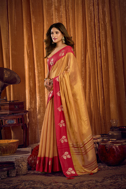 Monjolika Fashion Beige Gold Soft Tissue Silk Blend Saree with Rani Pink Zari Woven Border