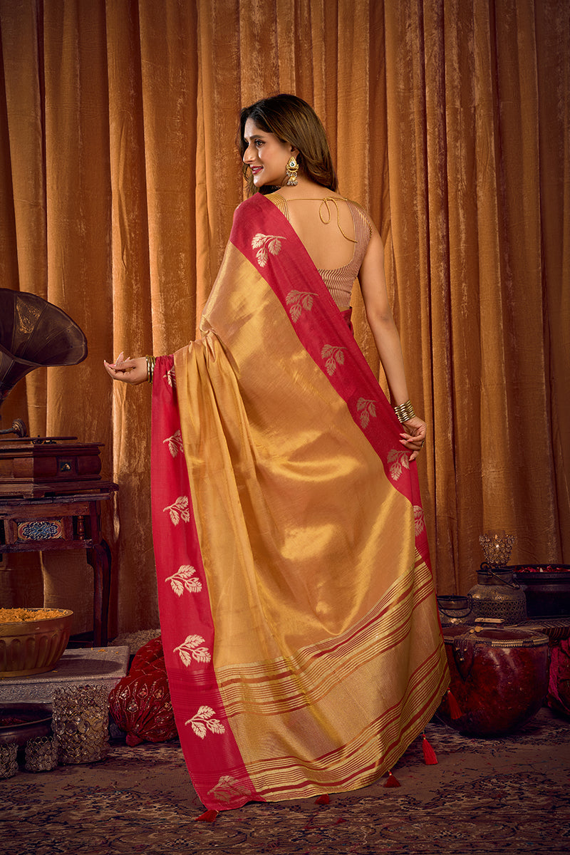 Monjolika Fashion Beige Gold Soft Tissue Silk Blend Saree with Rani Pink Zari Woven Border