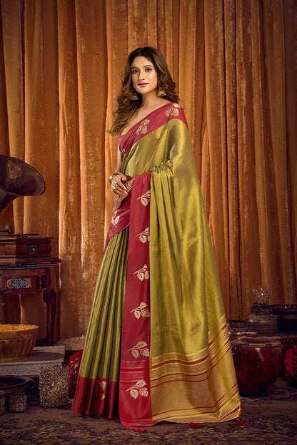 Monjolika Fashion Olive Green Soft Tissue Silk Blend Saree with Rani Pink Zari Woven Border