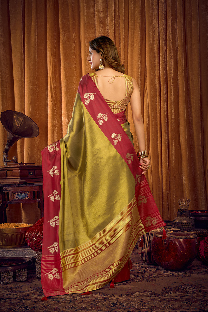 Monjolika Fashion Olive Green Soft Tissue Silk Blend Saree with Rani Pink Zari Woven Border