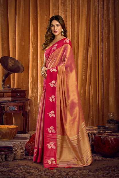 Monjolika Fashion Peach Pink Soft Tissue Silk Blend Saree with Rani Pink Zari Woven Border