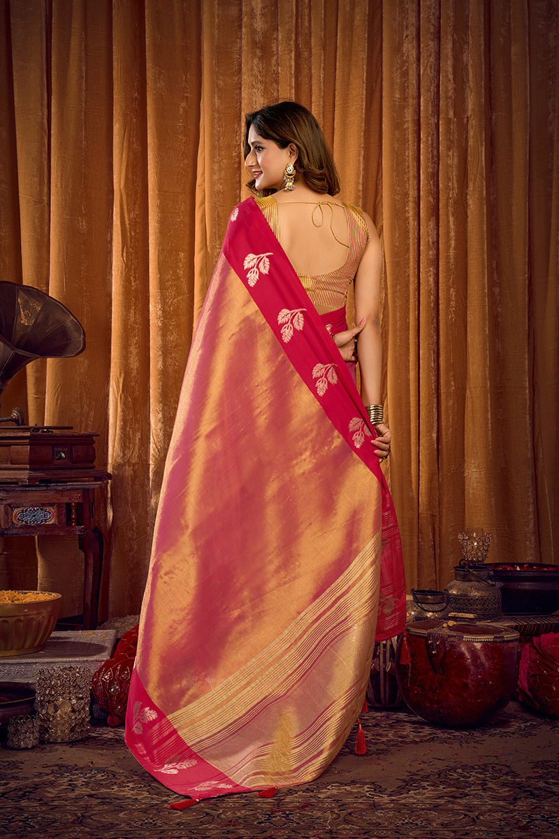 Monjolika Fashion Peach Pink Soft Tissue Silk Blend Saree with Rani Pink Zari Woven Border