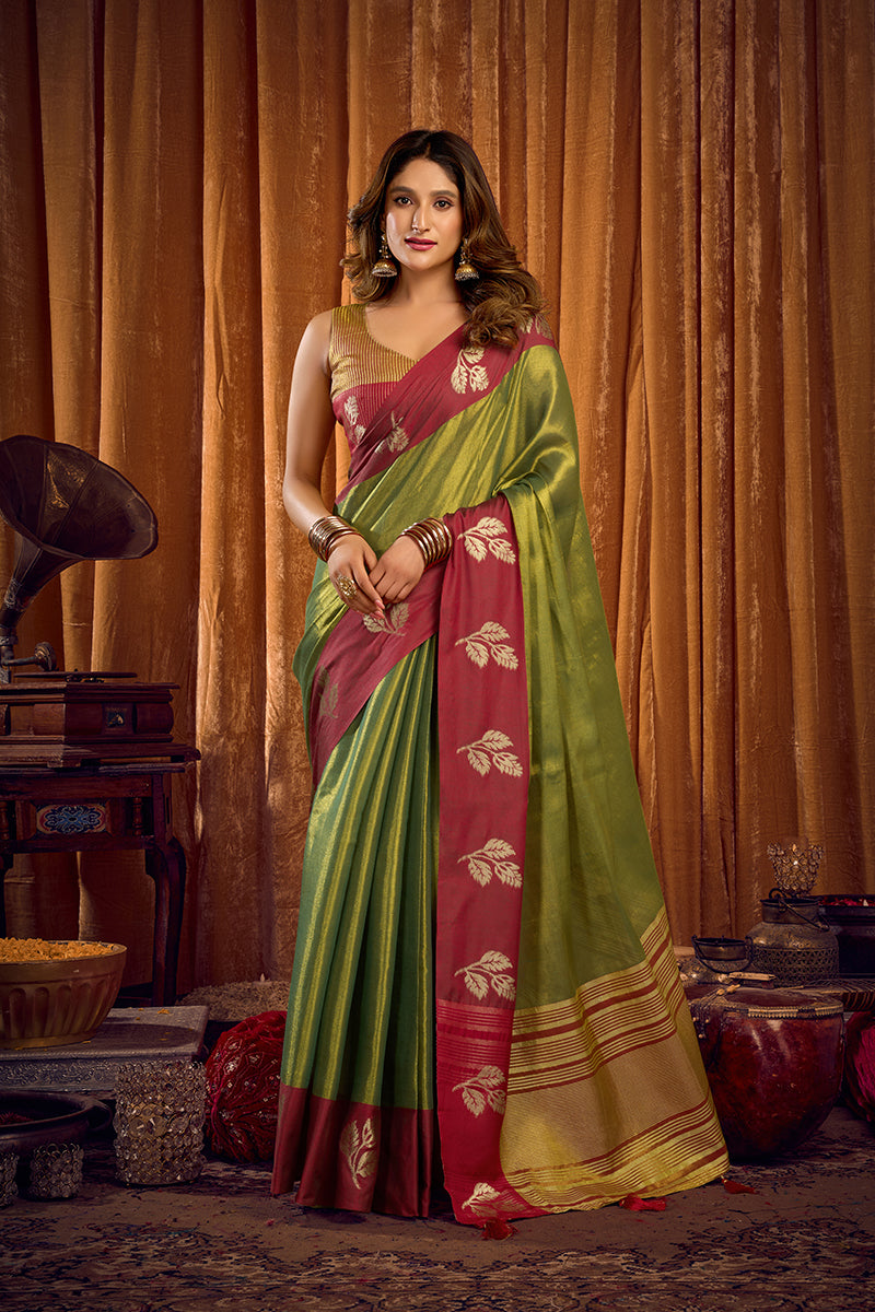 Monjolika Fashion Green Soft Tissue Silk Blend Saree with Wine Red Zari Woven Border