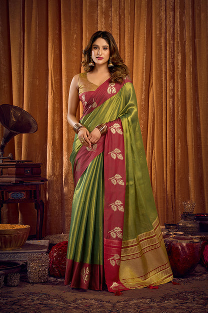 Monjolika Fashion Green Soft Tissue Silk Blend Saree with Wine Red Zari Woven Border