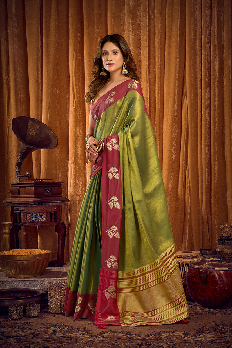 Monjolika Fashion Green Soft Tissue Silk Blend Saree with Wine Red Zari Woven Border