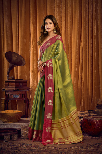 Monjolika Fashion Green Soft Tissue Silk Blend Saree with Wine Red Zari Woven Border