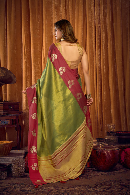 Monjolika Fashion Green Soft Tissue Silk Blend Saree with Wine Red Zari Woven Border