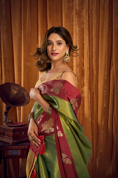 Monjolika Fashion Green Soft Tissue Silk Blend Saree with Wine Red Zari Woven Border