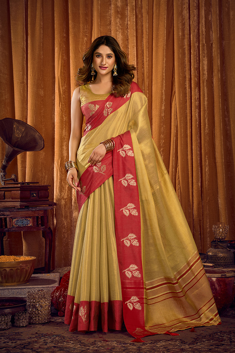 Monjolika Fashion Golden Beige Soft Tissue Silk Blend Saree with Red Zari Woven Border