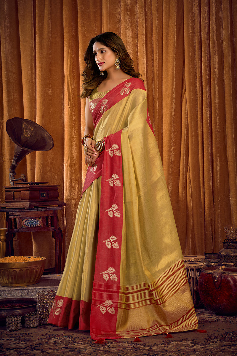 Monjolika Fashion Golden Beige Soft Tissue Silk Blend Saree with Red Zari Woven Border