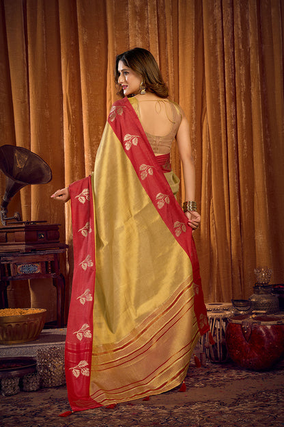 Monjolika Fashion Golden Beige Soft Tissue Silk Blend Saree with Red Zari Woven Border