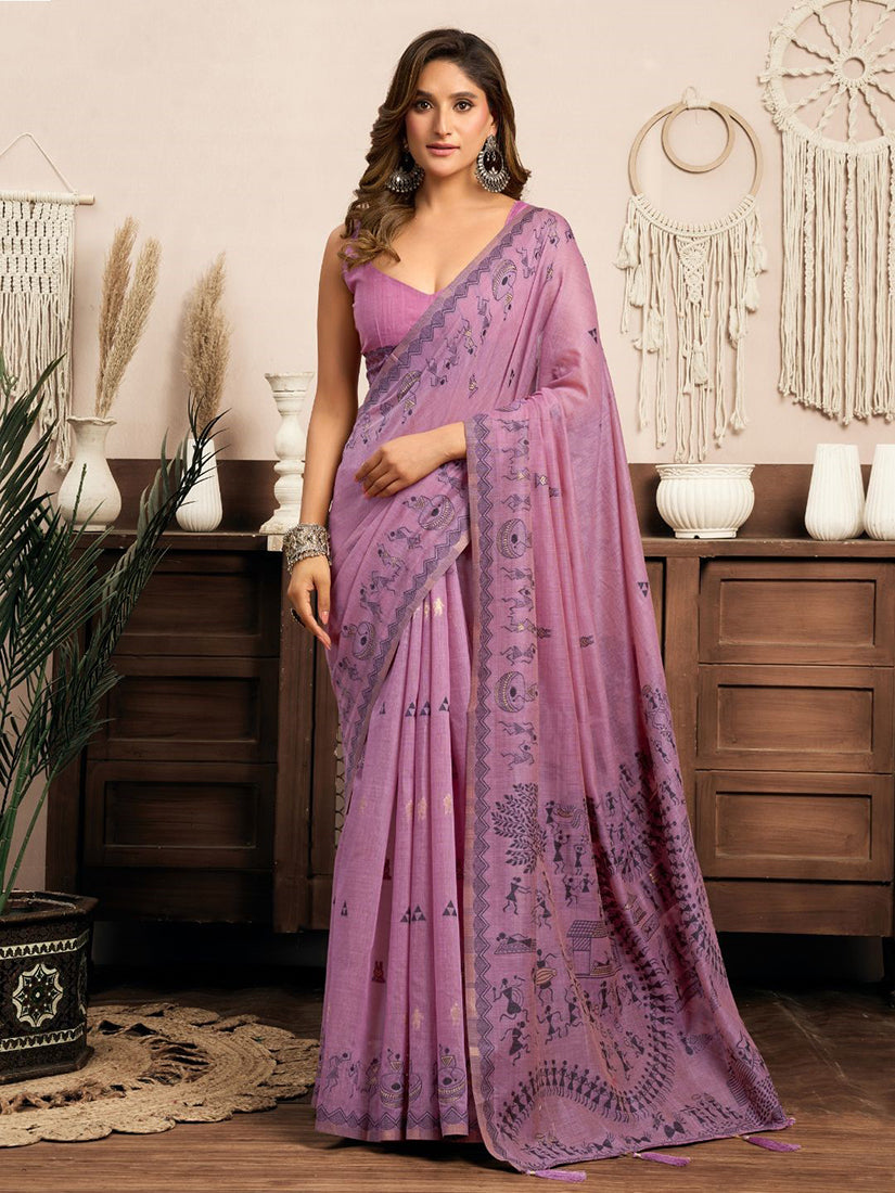Monjolika Fashion Lilac Cotton Blend Warli Work Saree with Unstitched Blouse