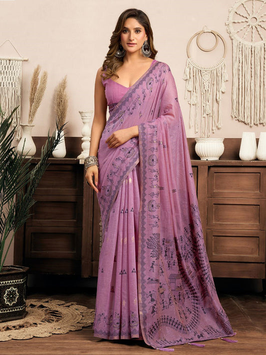 Monjolika Fashion Lilac Cotton Blend Warli Work Saree with Unstitched Blouse