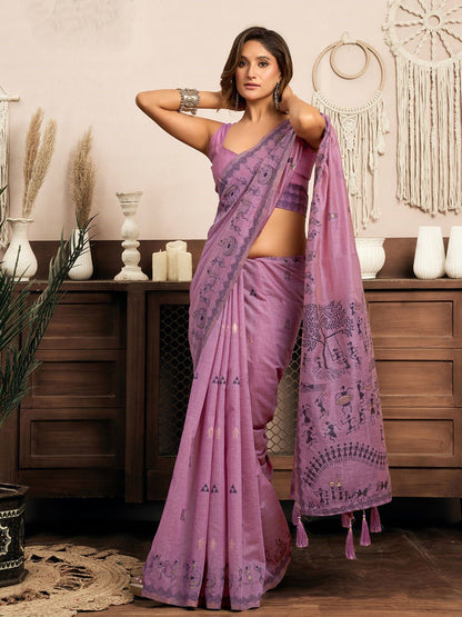 Monjolika Fashion Lilac Cotton Blend Warli Work Saree with Unstitched Blouse