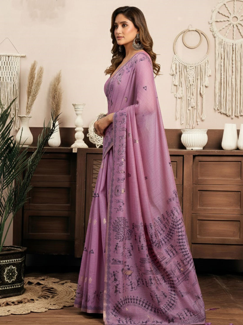 Monjolika Fashion Lilac Cotton Blend Warli Work Saree with Unstitched Blouse
