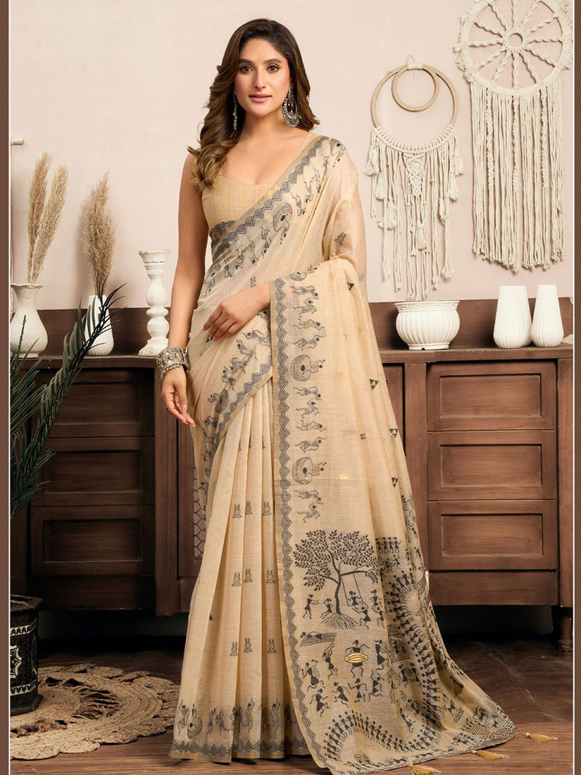 Monjolika Fashion Cream Cotton Blend Warli Work Saree with Unstitched Blouse