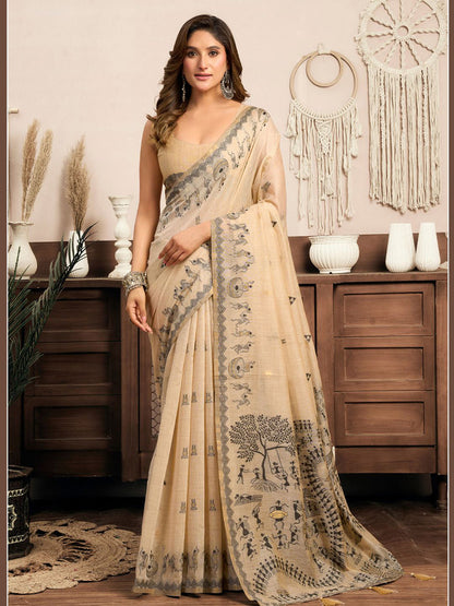Monjolika Fashion Cream Cotton Blend Warli Work Saree with Unstitched Blouse