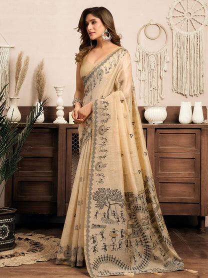 Monjolika Fashion Cream Cotton Blend Warli Work Saree with Unstitched Blouse