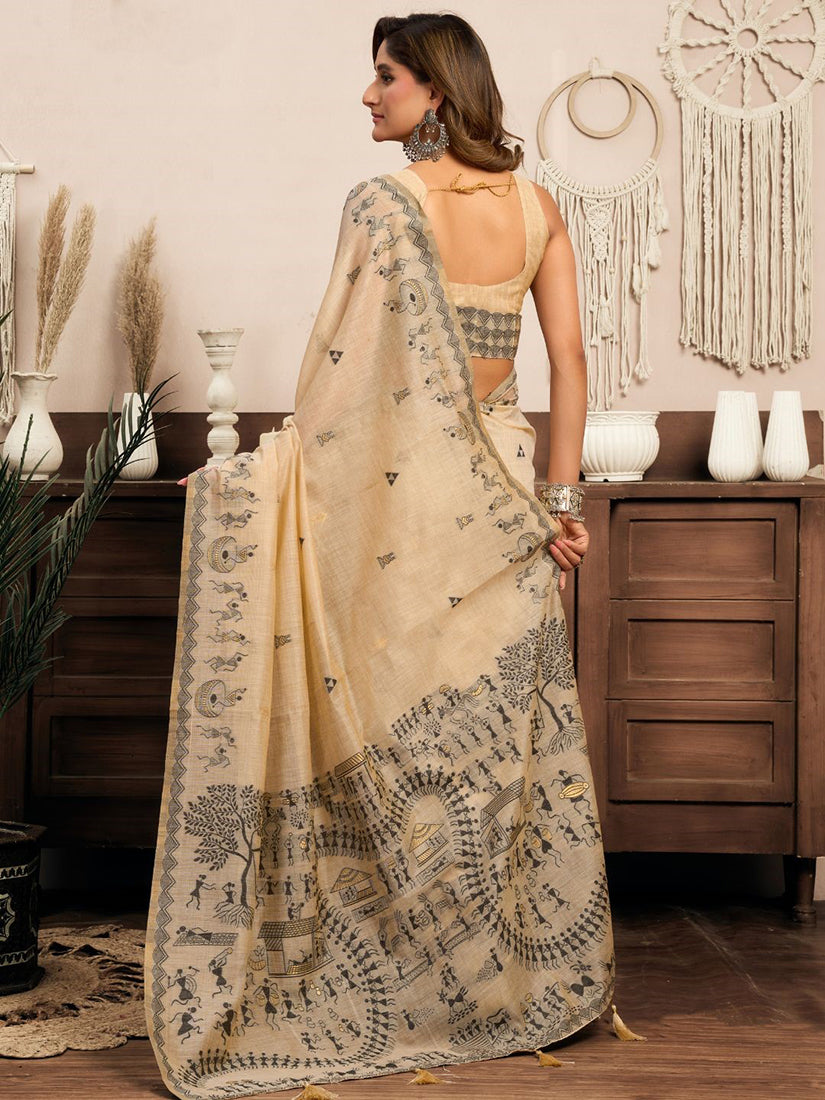 Monjolika Fashion Cream Cotton Blend Warli Work Saree with Unstitched Blouse