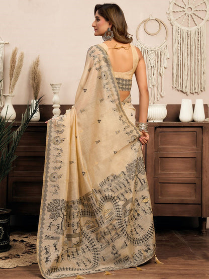 Monjolika Fashion Cream Cotton Blend Warli Work Saree with Unstitched Blouse