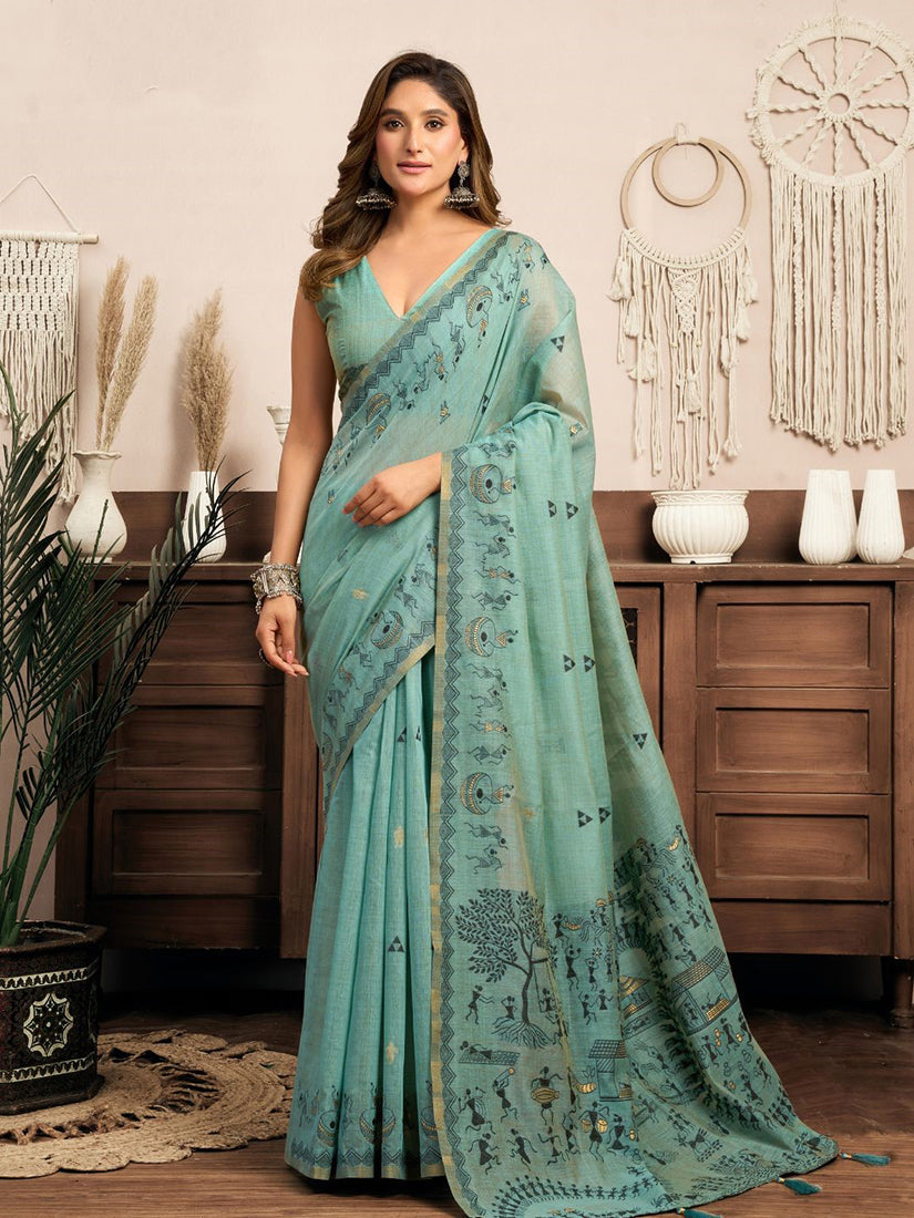 Monjolika Fashion Sky Blue Cotton Blend Warli Work Saree with Unstitched Blouse