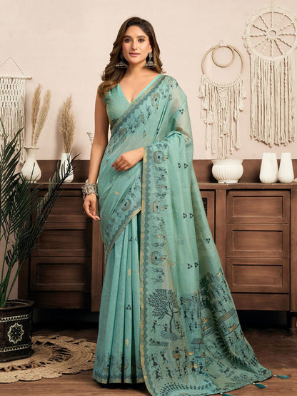 Monjolika Fashion Sky Blue Cotton Blend Warli Work Saree with Unstitched Blouse