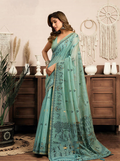 Monjolika Fashion Sky Blue Cotton Blend Warli Work Saree with Unstitched Blouse