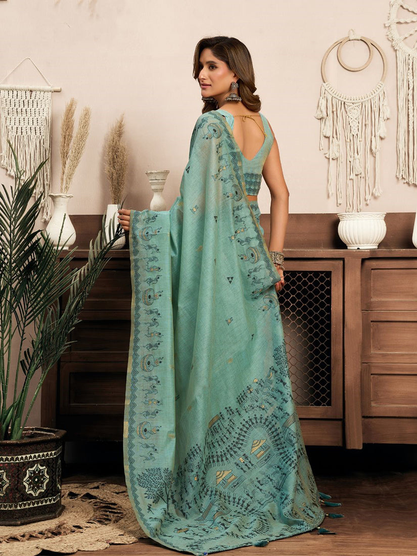 Monjolika Fashion Sky Blue Cotton Blend Warli Work Saree with Unstitched Blouse