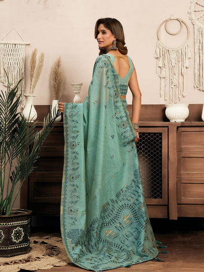 Monjolika Fashion Sky Blue Cotton Blend Warli Work Saree with Unstitched Blouse