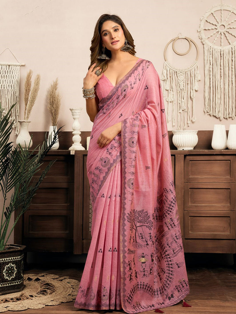 Monjolika Fashion Pink Cotton Blend Warli Work Saree with Unstitched Blouse