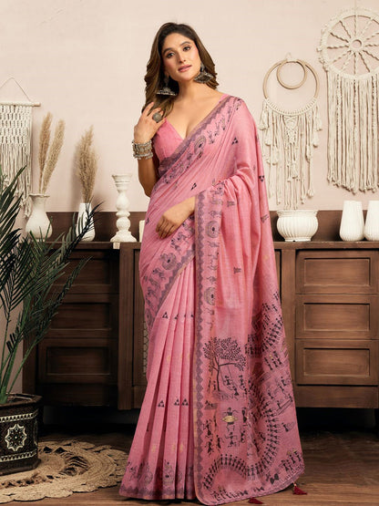 Monjolika Fashion Pink Cotton Blend Warli Work Saree with Unstitched Blouse