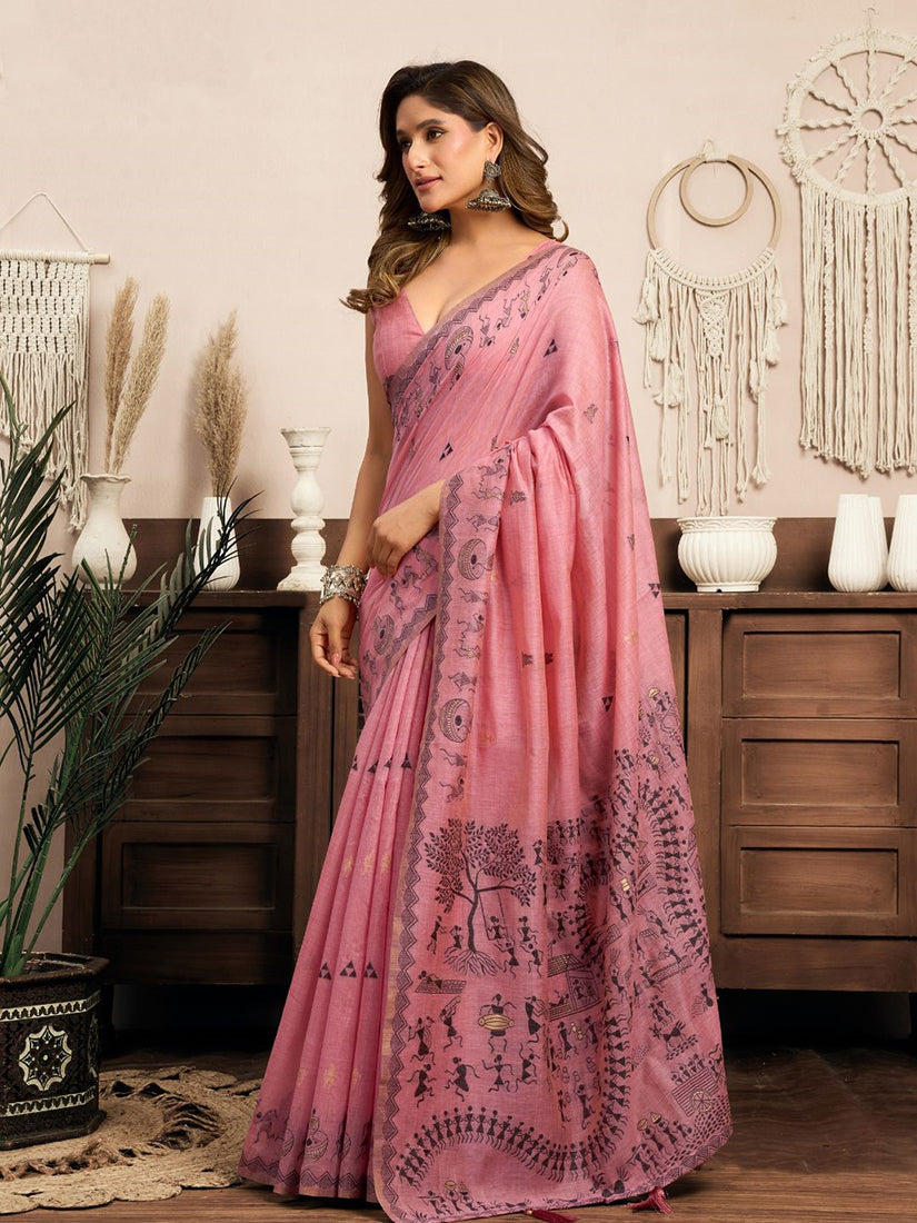 Monjolika Fashion Pink Cotton Blend Warli Work Saree with Unstitched Blouse