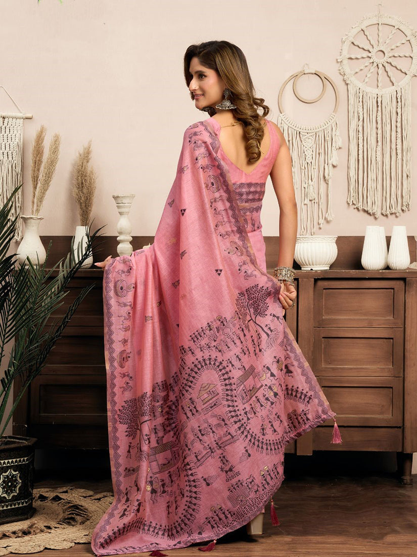 Monjolika Fashion Pink Cotton Blend Warli Work Saree with Unstitched Blouse
