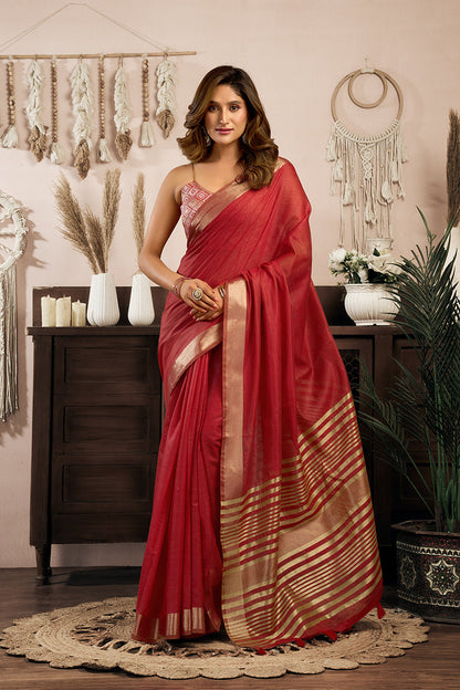 Monjolika Fashion Red Khadi Cotton Saree with Golden Zari Border and Brocade Blouse