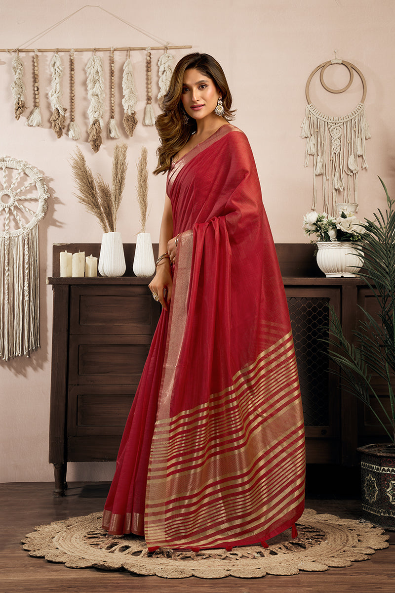 Monjolika Fashion Red Khadi Cotton Saree with Golden Zari Border and Brocade Blouse