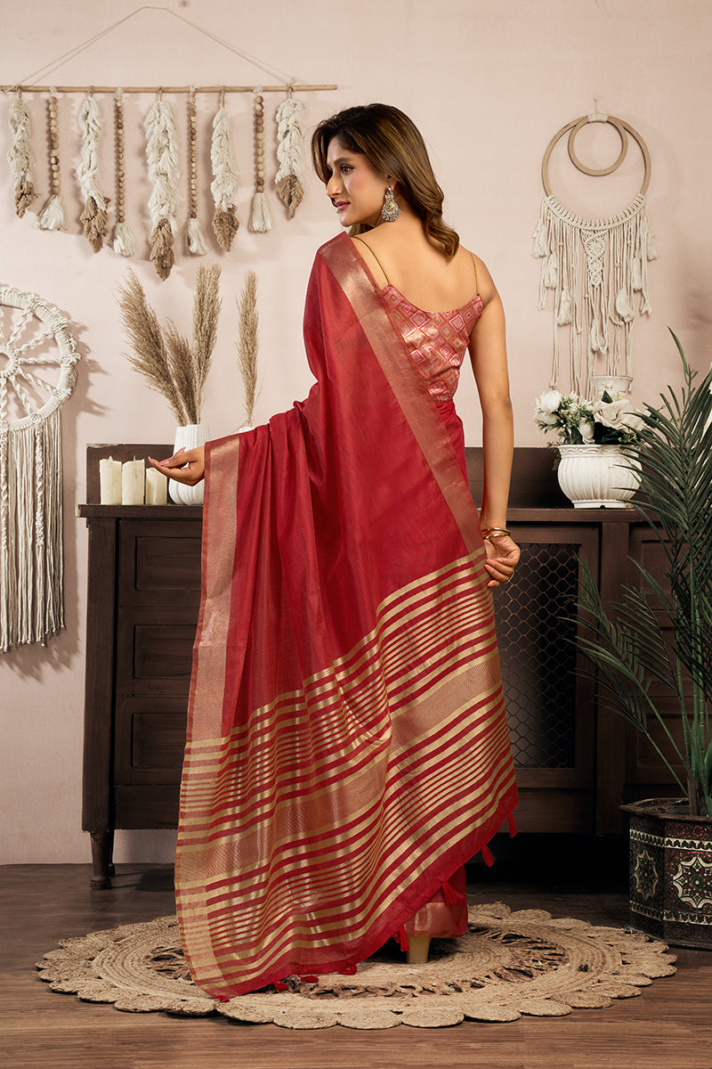 Monjolika Fashion Red Khadi Cotton Saree with Golden Zari Border and Brocade Blouse
