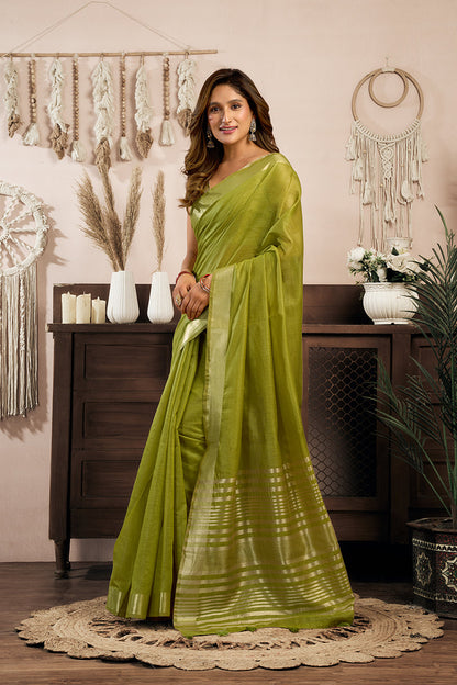 Monjolika Fashion Green Khadi Cotton Saree with Golden Zari Border and Brocade Blouse